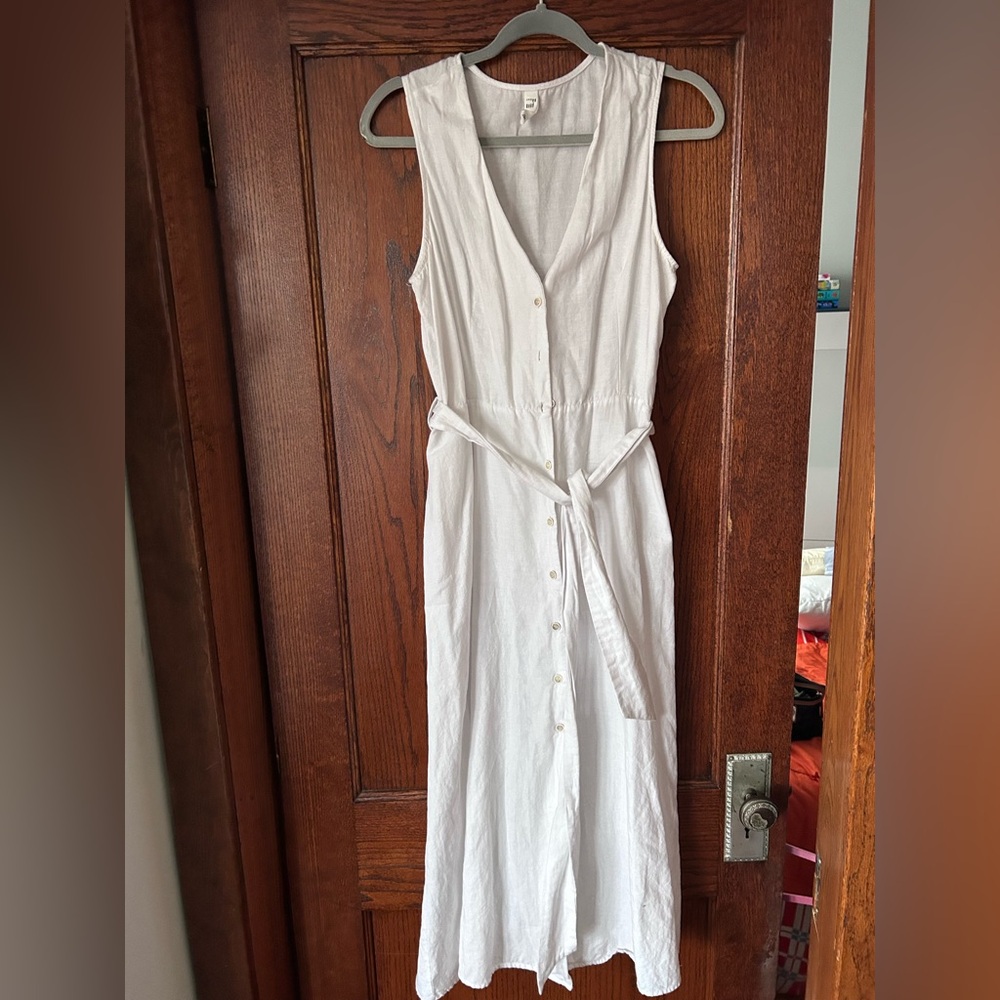 Mango white linen button down dress with tie - size L